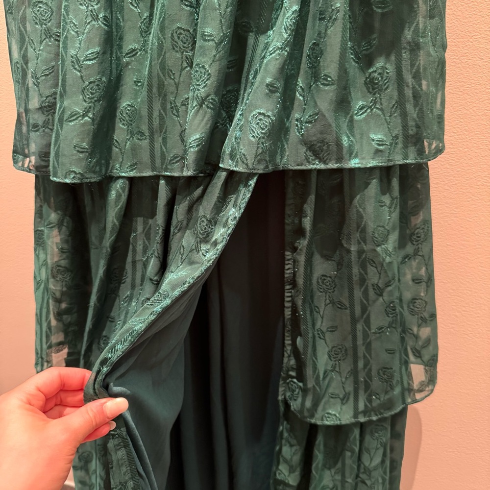 NWT Lulus- Stunning Glory Hunter Green Floral Jacquard Tiered Maxi Dress Small - Picture 9 of 13